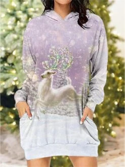 Women's Christmas Dress Hoodie Dress Mini Dress Warm Fashion Outdoor Christmas Vacation Hoodie Pocket Print Santa Claus Snowman Christmas Tree Regular Fit Navy Blue Blue Sky Blue S M L XL XXL -Tesla Style fwapbz1697542361421