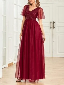 Women‘s Christmas Prom Dress Party Dress Sequin Dress Long Dress Maxi Dress Wine Short Sleeve Pure Color Sparkly Glitter Sequins Fall Winter Autumn V Neck Fashion Wedding Guest Birthday Evening Party -Tesla Style fwjiiz1693376307319