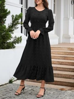 Women's Work Dress Swing Dress Black Dress Fashion Midi Dress Ruched V Neck Long Sleeve Plain Loose Fit Black Red Blue Fall Winter S M L XL XXL -Tesla Style fwnuex1693300587955