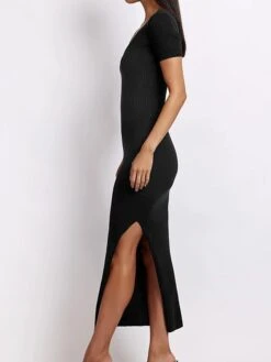 Women's Sweater Dress Winter Dress Jumper Dress Midi Dress Split Outdoor Street Daily Fashion Streetwear U Neck Short Sleeve 2023 Slim Black White Wine Color S M L XL Size -Tesla Style fwowib1695035656555