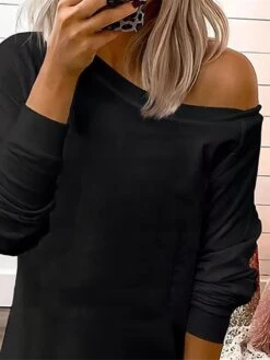 Women's Casual Dress Sweatshirt Dress Winter Dress Mini Dress Cold Shoulder Outdoor Street Daily Fashion Streetwear One Shoulder Long Sleeve 2023 Loose Fit Black Pink Color S M L XL Size -Tesla Style fximqd1693987658030