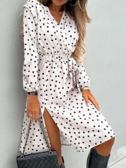 Women's Work Dress Sheath Dress Semi Formal Dress Fashion Midi Dress Lace Up Split V Neck Long Sleeve Polka Dot Loose Fit Black White Red Fall Winter S M L XL XXL -Tesla Style fxnwfh1692080012744