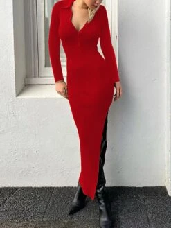 Women's Sweater Dress Winter Dress Jumper Dress Long Dress Maxi Dress Button Street Daily Holiday Fashion Streetwear Shirt Collar Long Sleeve 2023 Regular Fit Black Red Blue Color S M L Size -Tesla Style fygdcr1692938957397