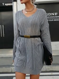 Women's Sweater Dress Jumper Dress Casual Dress Mini Dress Warm Pure Color Outdoor Casual Daily Going Out V Neck Long Sleeve 2023 Loose Fit Gray S M L -Tesla Style fyvubl1695194440938