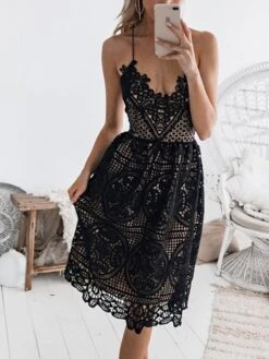 Women's Party Dress Lace Dress White Dress Midi Dress Black White Sleeveless Pure Color Lace Spring Summer V Neck Party S M L XL -Tesla Style fyxakm1632569108259