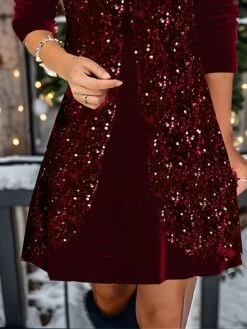Women's Velvet Dress Party Dress Sequin Dress Midi Dress Burgundy Long Sleeve Pure Color Sequins Spring Fall Winter Square Neck Fashion Winter Dress Christmas Wedding Guest 2023 S M L XL XXL 3XL -Tesla Style fzafnl1697525543080