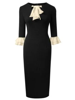 Women's Work Dress Sheath Dress Semi Formal Dress Fashion Midi Dress Lace Up Ruffle Crew Neck Long Sleeve Color Block Regular Fit Black Dark Blue Fall Winter S M L XL XXL -Tesla Style fzaplx1693374193616