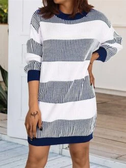 Women's Sweater Dress Winter Dress Jumper Dress Mini Dress Patchwork Outdoor Street Daily Fashion Streetwear Crew Neck Long Sleeve 2023 Loose Fit Wine Khaki Dark Blue Color S M L Size -Tesla Style fzbiax1692095294582