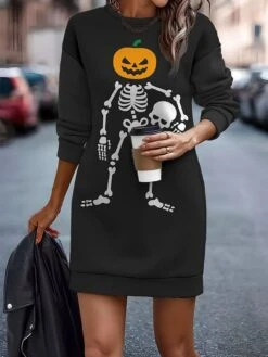 Women's Halloween Dress Casual Dress Sweatshirt Dress Mini Dress Warm Daily Outdoor Holiday Crew Neck Print Animal Pumpkin Print Loose Fit Black Yellow Red S M L XL XXL -Tesla Style fzggwa1692935620562