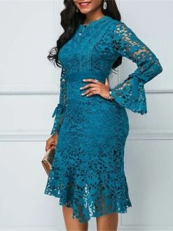 Women's Party Dress Lace Dress Cocktail Dress Midi Dress Light Blue Long Sleeve Pure Color Lace Spring Fall Winter Stand Collar Fashion Winter Dress Wedding Guest Vacation 2023 S M L XL XXL -Tesla Style fznmnw1694759635399