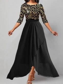 Women's Party Dress Black Velvet Dress Long Dress Maxi Dress Black 3/4 Length Sleeve Floral Patchwork Spring Fall Winter Crew Neck Party