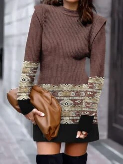 Women's Sweater Dress Jumper Dress Casual Dress Mini Dress Warm Geometric Tribal Outdoor Daily Vacation Going Out Crew Neck Long Sleeve 2023 Regular Fit Light Green Blue Purple S M L XL XXL 3XL -Tesla Style fzppbl1693978828187