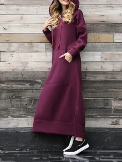 Women's Casual Dress Hoodie Dress Long Dress Maxi Dress Daily Basic Outdoor Vacation Going Out V Neck Pocket Solid Color Regular Fit Black Burgundy Blue S M L XL XXL -Tesla Style fzrqpe1692165487656
