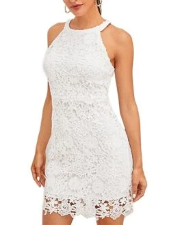 Women's Party Dress Lace Dress Homecoming Dress Mini Dress White Sleeveless Pure Color Lace Summer Spring Halter Neck Stylish Spring Dress Loose Fit 2023 XS S M L -Tesla Style fzudhc1645601055977