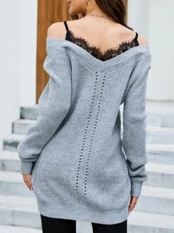 Women's Sweater Dress Winter Dress Jumper Dress Mini Dress Patchwork Cold Shoulder Daily Date Going Out Active Fashion V Neck Long Sleeve 2023 Loose Fit Black Blue Gray Color S M L XL Size -Tesla Style fzukkq1692857015845
