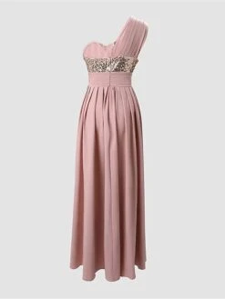 Women‘s Prom Dress Party Dress Sequin Dress Long Dress Maxi Dress Pink Sleeveless Pure Color Sparkly Glitter Sequins Summer Spring Fall One Shoulder Fashion Wedding Guest Evening Party Vacation -Tesla Style gafigl1690428713156