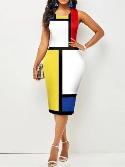 Women's Work Dress Sheath Dress Semi Formal Dress Fashion Midi Dress Print Crew Neck Sleeveless Polka Dot Color Block Regular Fit Yellow Summer Spring S M L XL XXL -Tesla Style gazlgj1680487517228