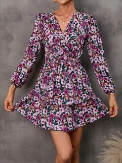 Women's Work Dress Semi Formal Dress Wrap Dress Fashion Mini Dress Ruffle Layered V Neck Long Sleeve Floral Regular Fit Red Purple Orange Fall S M L XL XXL -Tesla Style gbdtdu1693300631058