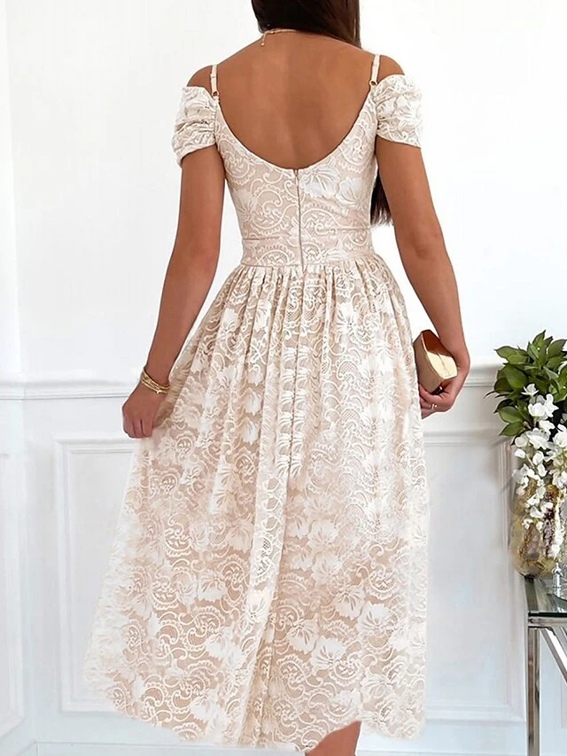Women‘s Party Dress Lace Dress Cocktail Dress Special Occasion Holiday Wedding Guest Midi Dress Party Stylish V Neck Short Sleeve Lace Backless Loose Fit Beige Flower S M L XL 2XL 4 Women‘s Party Dress Lace Dress Cocktail Dress Special Occasion Holiday Wedding Guest Midi Dress Party Stylish V Neck Short Sleeve Lace Backless Loose Fit Beige Flower S M L XL 2XL - Image 2