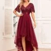Women‘s Christmas Party Dress Sequin Dress Red Dress Long Dress Maxi Dress Wine Short Sleeve Pure Color Mesh Sparkly Glitter Summer Spring Fall V Neck Fashion Wedding Guest Summer Dress Loose -Tesla Style gbznou1693983260579