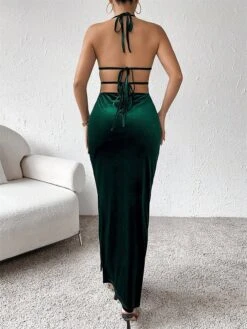 Women‘s Christmas Prom Dress Party Dress Velvet Dress Long Dress Maxi Dress Dark Green Sleeveless Pure Color Backless Spring Fall Winter Halter Neck Fashion Birthday Evening Party Wedding Guest 2023 -Tesla Style gcilac1693535347760