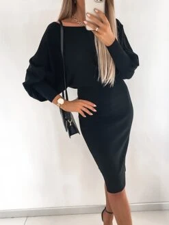Women's Sweater Dress Winter Dress Jumper Dress Midi Dress Ruched Street Daily Going Out Fashion Streetwear Crew Neck Long Sleeve 2023 Regular Fit Black Khaki Gray Color S M L XL XXL Size -Tesla Style gckacq1692083473333