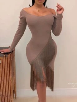 Women‘s Party Dress Wedding Guest Dress Fringe Dress Bodycon Midi Dress Black White Red Long Sleeve Pure Color Tassel Fringe Spring Fall Winter V Neck Fashion Winter Dress Vacation 2022 S M L XL XXL -Tesla Style gcleuk1640250276978