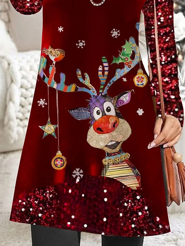 Women's Velvet Dress Party Dress Sequin Dress Mini Dress Wine Long Sleeve Elk Pleated Spring Fall Winter Crew Neck Fashion Winter Dress Christmas Wedding Guest 2023 S M L XL XXL 3XL 5 Women's Velvet Dress Party Dress Sequin Dress Mini Dress Wine Long Sleeve Elk Pleated Spring Fall Winter Crew Neck Fashion Winter Dress Christmas Wedding Guest 2023 S M L XL XXL 3XL - Image 3