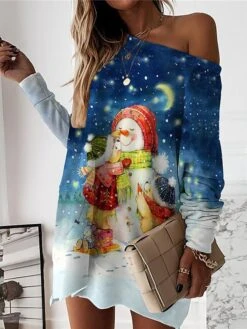 Women‘s Christmas Casual Dress Sweatshirt Dress Mini Dress Warm Fashion Outdoor Holiday Crew Neck Print Animal Snowman Loose Fit White Red Burgundy S M L XL XXL -Tesla Style gczaxw1694427871543