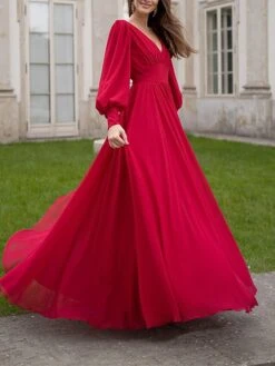 Women's Party Dress Cocktail Dress Wedding Guest Dress Long Dress Maxi Dress Wine Long Sleeve Pure Color Ruched Fall Winter Autumn V Neck Fashion Winter Dress Wedding Guest Birthday 2023 S M L XL -Tesla Style gdbsra1696077526321