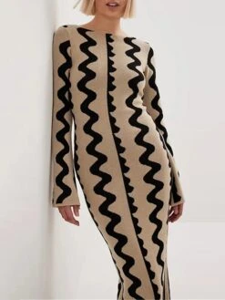 Women's Sweater Dress Winter Dress Jumper Dress Long Dress Maxi Dress Active Stripe Print Outdoor Street Daily Vacation Crew Neck Long Sleeve Print 2023 Slim Black Khaki S M L XL -Tesla Style gdehxh1695111721519