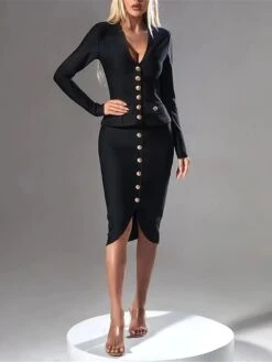 Women's Work Dress Sheath Dress Black Dress Fashion Midi Dress Button Split V Neck Long Sleeve Plain Regular Fit Black Summer Spring S M L XL -Tesla Style gdfxgu1688449066009