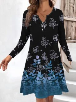 Women's Work Dress Casual Dress Fashion Winter Dress Daily Mini Dress Button Print V Neck Long Sleeve Floral Regular Fit Yellow Navy Blue Blue Fall Winter S M L XL XXL -Tesla Style gdgcdz1694660965308