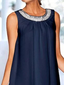 Women‘s Party Dress Cocktail Dress Shift Dress Office Holiday Wedding Guest Midi Dress Party Stylish Crew Neck Sleeveless Sequins Layered Dark Blue Pure Color S M L XL 2XL -Tesla Style gdmoyu1676359523128