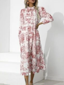 Women's Work Dress Swing Dress Semi Formal Dress Fashion Midi Dress Print Stand Collar Long Sleeve Floral Loose Fit Red Blue Green Fall S M L XL XXL