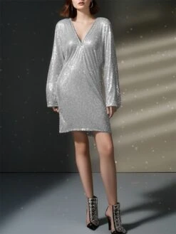 Women‘s Party Dress Sequin Dress Homecoming Dress Wedding Guest Dress Mini Dress Silver Red Gold Long Sleeve Pure Color Sparkly Glitter Sequins Fall Deep V Party Fall Dress Loose Fit 2023 -Tesla Style geyqgv1692942239836