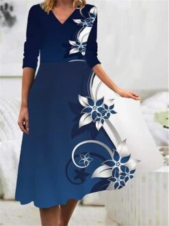 Women's Work Dress Casual Dress Swing Dress Fashion Winter Dress Daily Midi Dress Print V Neck Long Sleeve Floral Ombre Regular Fit Black Blue Gold Fall Winter S M L XL XXL -Tesla Style gfjlmq1695715384443