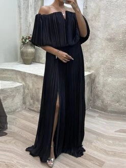 Women's Prom Dress Party Dress Satin Dress Long Dress Maxi Dress Black Yellow Wine Half Sleeve Pure Color Pleated Spring Fall Winter Off Shoulder Fashion Wedding Guest Birthday Evening Party 2023 S M -Tesla Style gfmvgg1696926217872