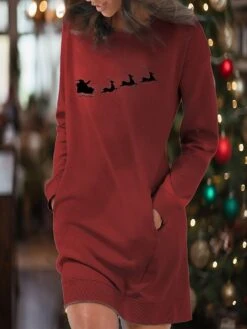 Women's Casual Dress Christmas Dress Sweatshirt Dress Santa Claus Ugly Christmas Pocket Print Crew Neck Mini Dress Fashion Streetwear Outdoor Christmas Long Sleeve Loose Fit Dark Red Red Burgundy