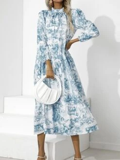 Women's Work Dress Swing Dress Semi Formal Dress Fashion Midi Dress Print Stand Collar Long Sleeve Floral Loose Fit Red Blue Green Fall S M L XL XXL -Tesla Style gfuofa1693300602584