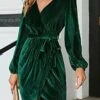 Women‘s Christmas Party Dress Homecoming Dress Velvet Dress Cocktail Dress Mini Dress Wine Dark Green Dark Blue Long Sleeve Pure Color Lace Up Fall Winter Autumn V Neck Birthday Wedding Guest -Tesla Style gfuohx1693983136568