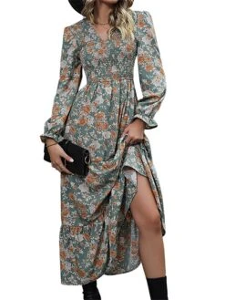 Women's Work Dress Casual Dress Swing Dress Fashion Winter Dress Daily Midi Dress Ruched Print V Neck Long Sleeve Floral Slim Green Fall Winter S M L XL -Tesla Style gfyjst1695096214666