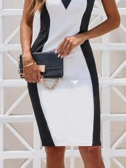 Women's Work Dress Sheath Dress Semi Formal Dress Fashion Midi Dress Patchwork V Neck Sleeveless Color Block Regular Fit White Summer Spring S M L XL XXL -Tesla Style ggxfjg1679311538906