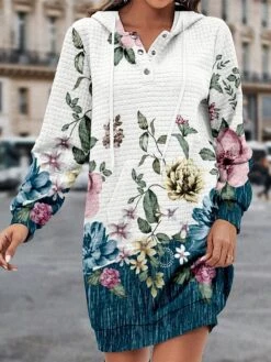Women's Casual Dress Hoodie Dress Winter Dress Floral Button Print Hooded Mini Dress Fashion Streetwear Outdoor Daily Long Sleeve Regular Fit Wine Blue Green Fall Winter S M L XL XXL
