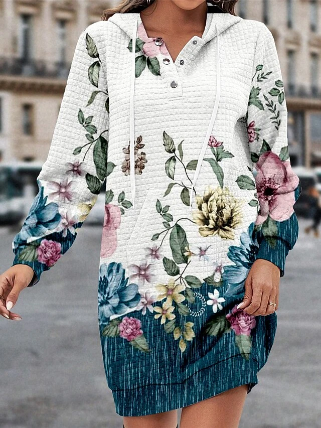 Women's Casual Dress Hoodie Dress Winter Dress Floral Button Print Hooded Mini Dress Fashion Streetwear Outdoor Daily Long Sleeve Regular Fit Wine Blue Green Fall Winter S M L XL XXL 3 Women's Casual Dress Hoodie Dress Winter Dress Floral Button Print Hooded Mini Dress Fashion Streetwear Outdoor Daily Long Sleeve Regular Fit Wine Blue Green Fall Winter S M L XL XXL