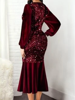 Women‘s Cocktail Party Dress Wedding Guest Dress Sequin Dress Midi Dress Black Wine Blue Long Sleeve Pure Color Sequins Fall V Neck Elegant Winter Dress Fall Dress 2023 S M L XL XXL 3XL 4XL 5XL -Tesla Style giaoia1630401661679