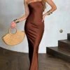 Women‘s Prom Party Dress Wedding Guest Stain Maxi Long Dress Pink Yellow Brown Sleeveless Pure Color Backless Spring Summer Strapless Sexy Mature Party Slim 2023 S M L -Tesla Style gigdag1657621987396