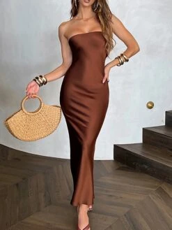 Womenâs Prom Party Dress Wedding Guest Stain Maxi Long Dress Pink Yellow Brown Sleeveless Pure Color Backless Spring Summer Strapless Sexy Mature Party Slim 2023 S M L