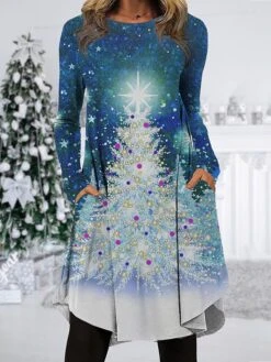 Women's Christmas Work Dress Casual Dress Fashion Winter DressDaily Midi Dress Pocket Print Crew Neck Long Sleeve SnowmanTree Regular Fit Wine Red Navy Blue Fall Winter S M L XL XXL