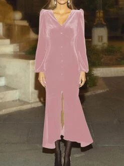 Women's Prom Dress Party Dress Velvet Dress Long Dress Maxi Dress Black Pink Wine Long Sleeve Pure Color Button Fall Winter Autumn V Neck Fashion Winter Dress Birthday Evening Party 2023 S M L XL XXL -Tesla Style gizcpi1693535342667